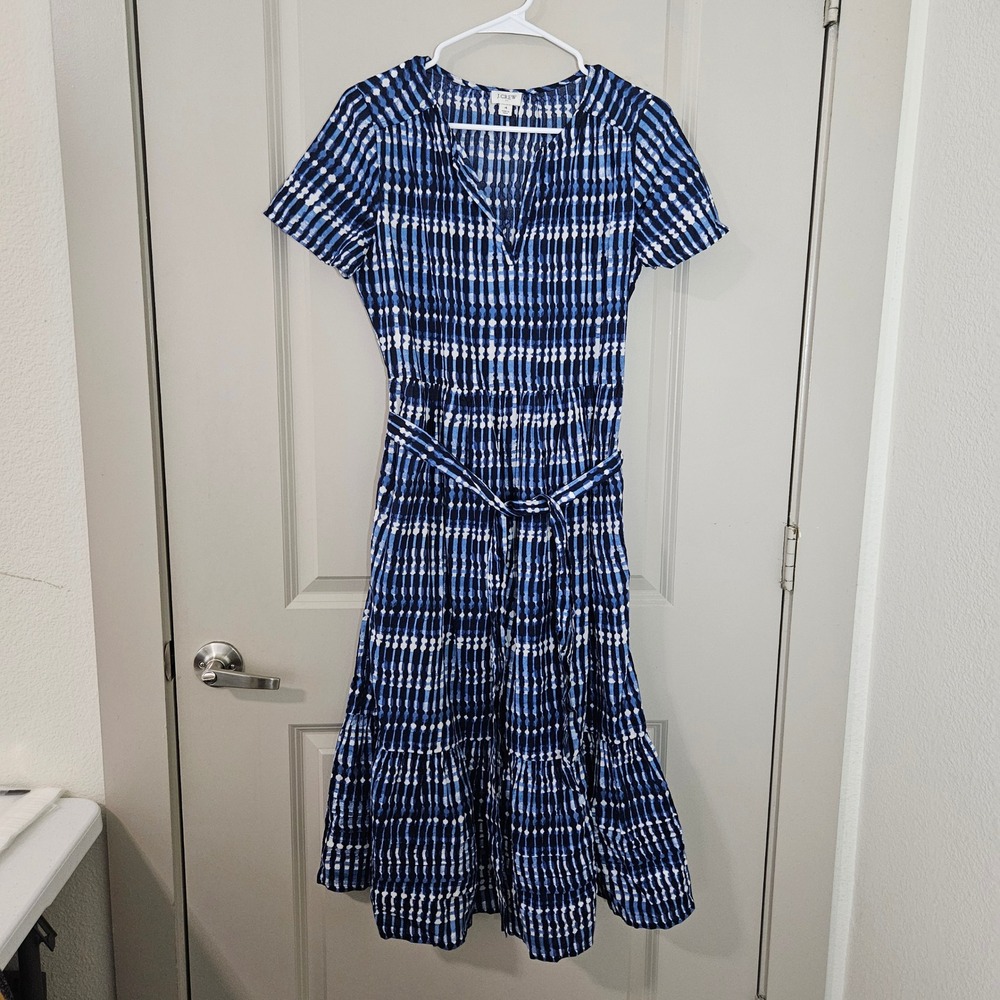 J.Crew Blue White Ikat Batik Cotton Tiered Midi Dress V-Neck Size 4